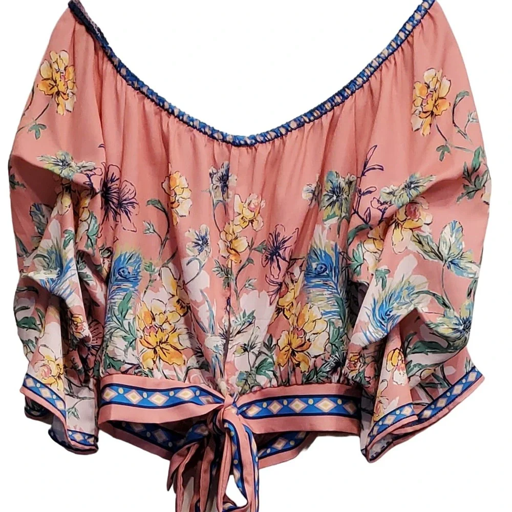 Jealous Tomato Off Shoulder Spring time Crop Top Floral Pattern Blouse Large - Picture 3 of 8